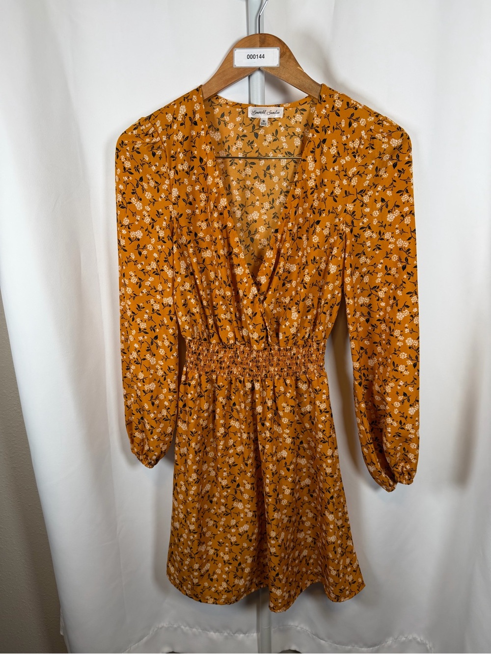 Emerald Sundae Mustard Floral V-Neck Long Sleeve Mini Dress